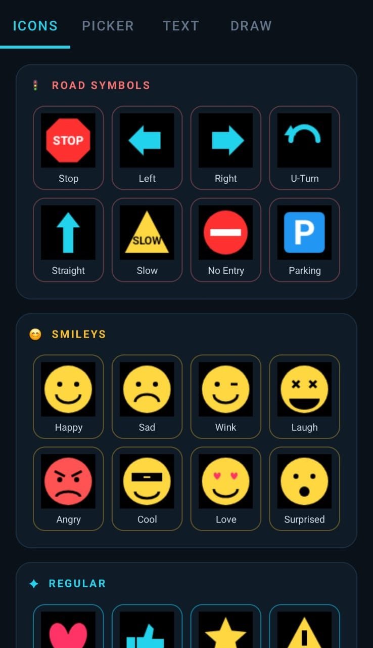 Ajvika Connect app: Gallery: road symbols, smileys, text and draw