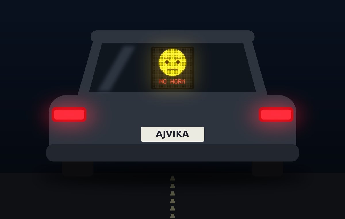 LED matrix in a car rear window showing a serious face with the words NO HORN